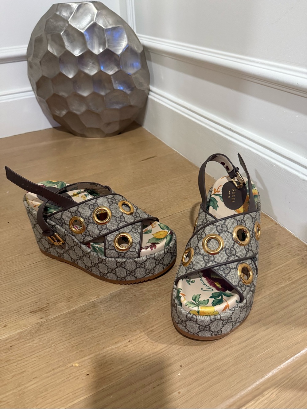 Gucci Beige Monogram Platform Sandals with Gold Grommets - Picture 3 of 6